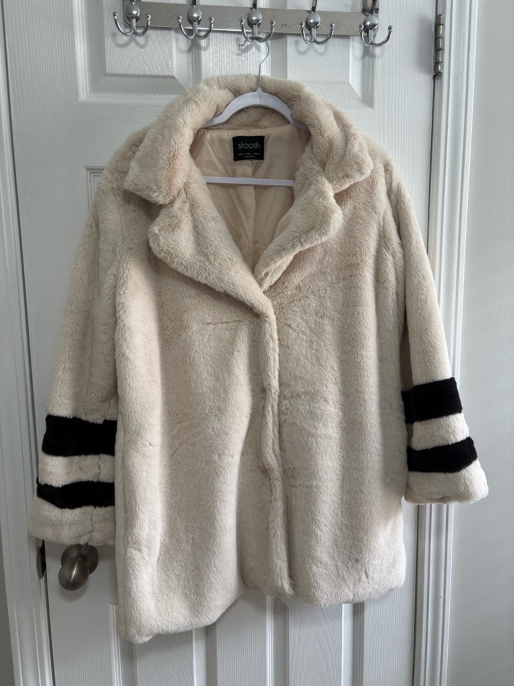 Stoosh Cream Faux Fur Teddy Coat with Black Sleeve Stripes